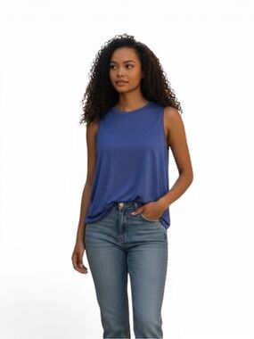 NWT AB Studio Sheer Tank Top with Cami Shutter Stripe Design Size XL Blue